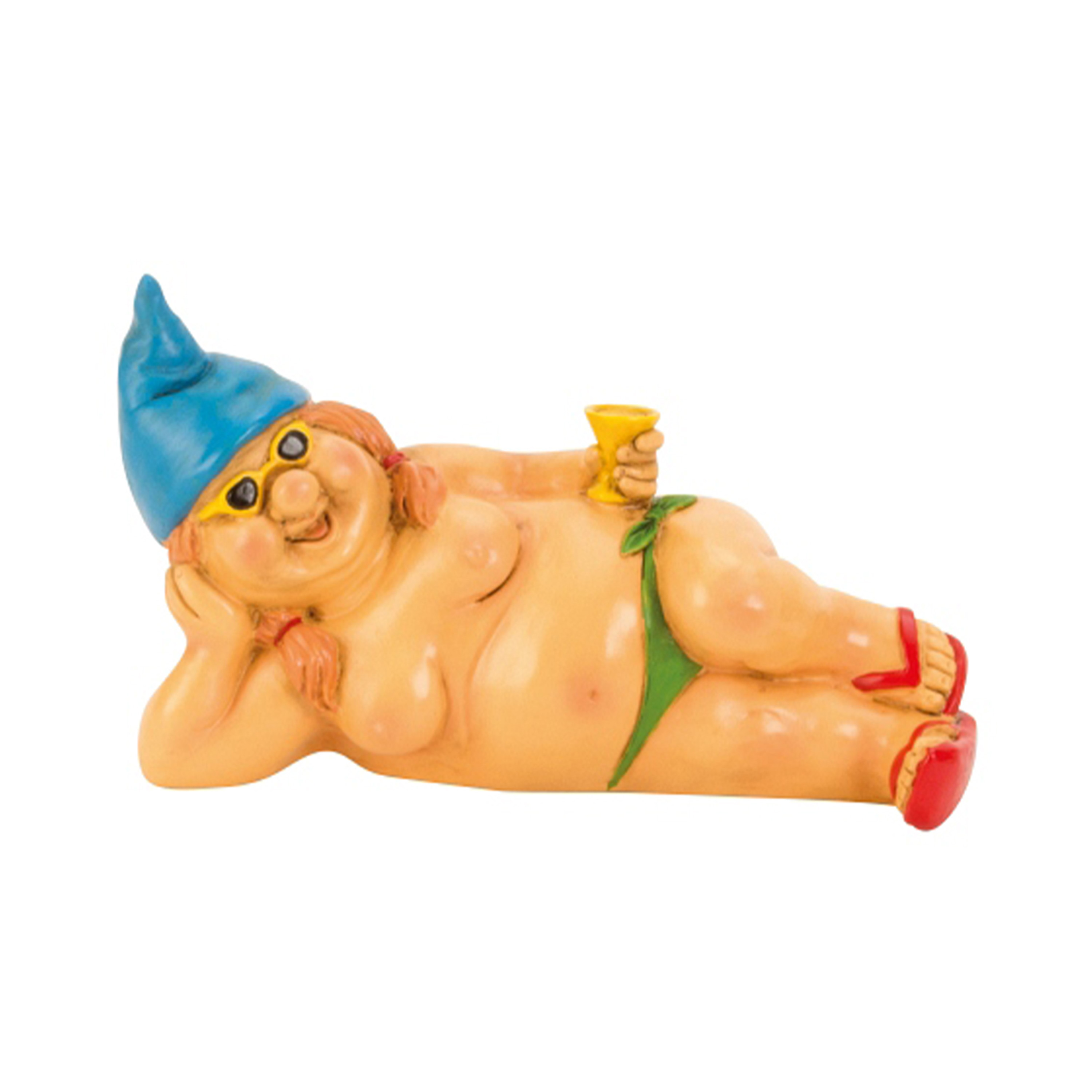 Merkloos Tuinkabouter vrouw beeld Happy Nudist - Polystone - Naakte liggend blauwe muts - 23 cm -