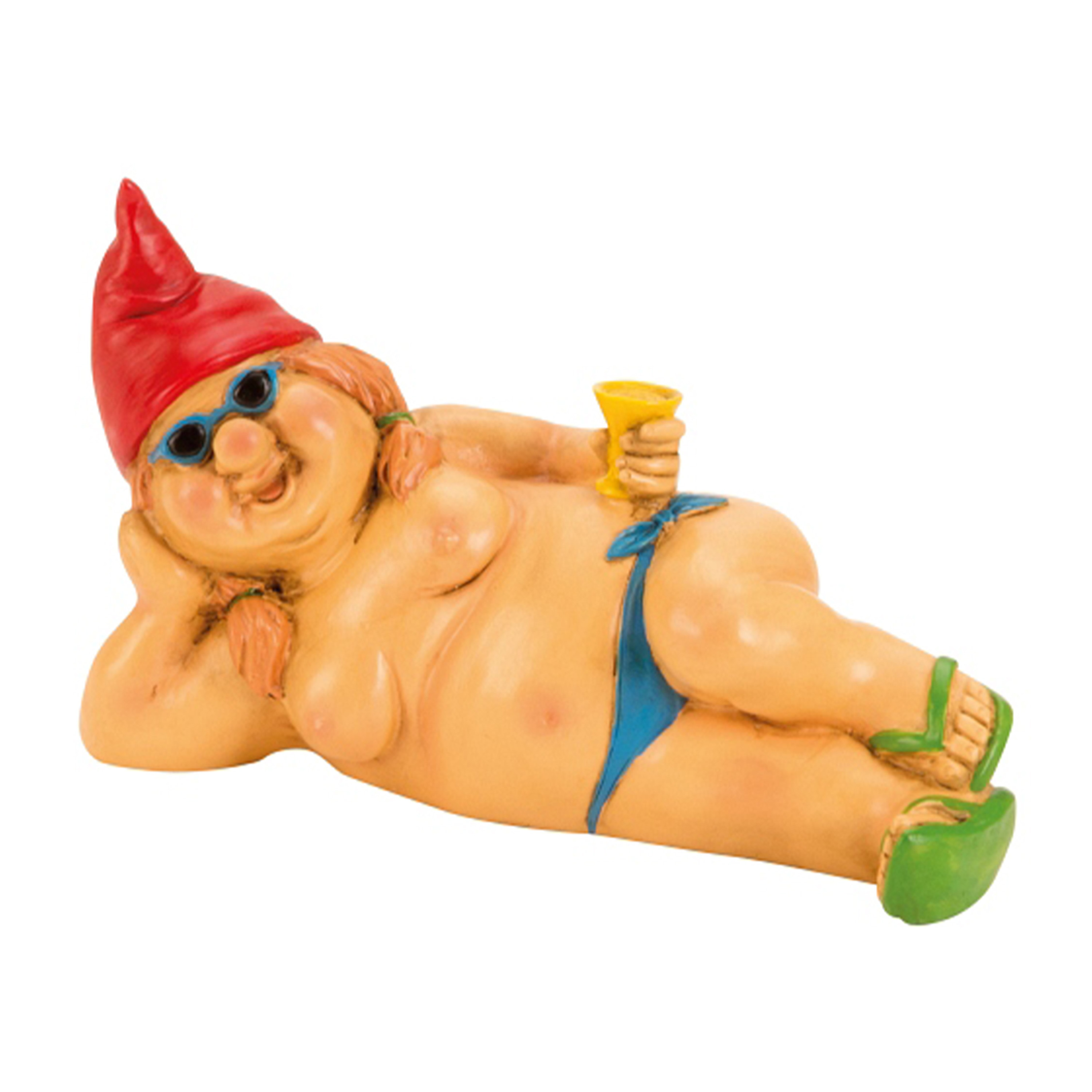 Merkloos Tuinkabouter vrouw beeld Happy Nudist - Polystone - Naakte liggend rode muts - 23 cm -