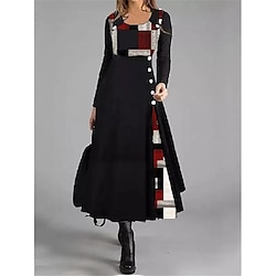 Light in the box Dames Polyester Ruitjes Strakke ronde hals Maxi-jurk Lange mouw Lente Herfst