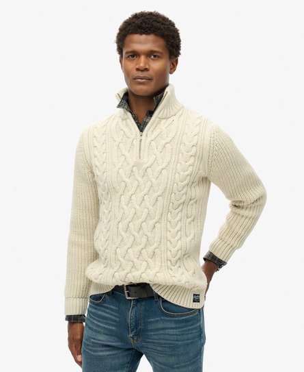 Superdry Mannen Gebreide Jacob Kabeltrui met Halve Rits Crème