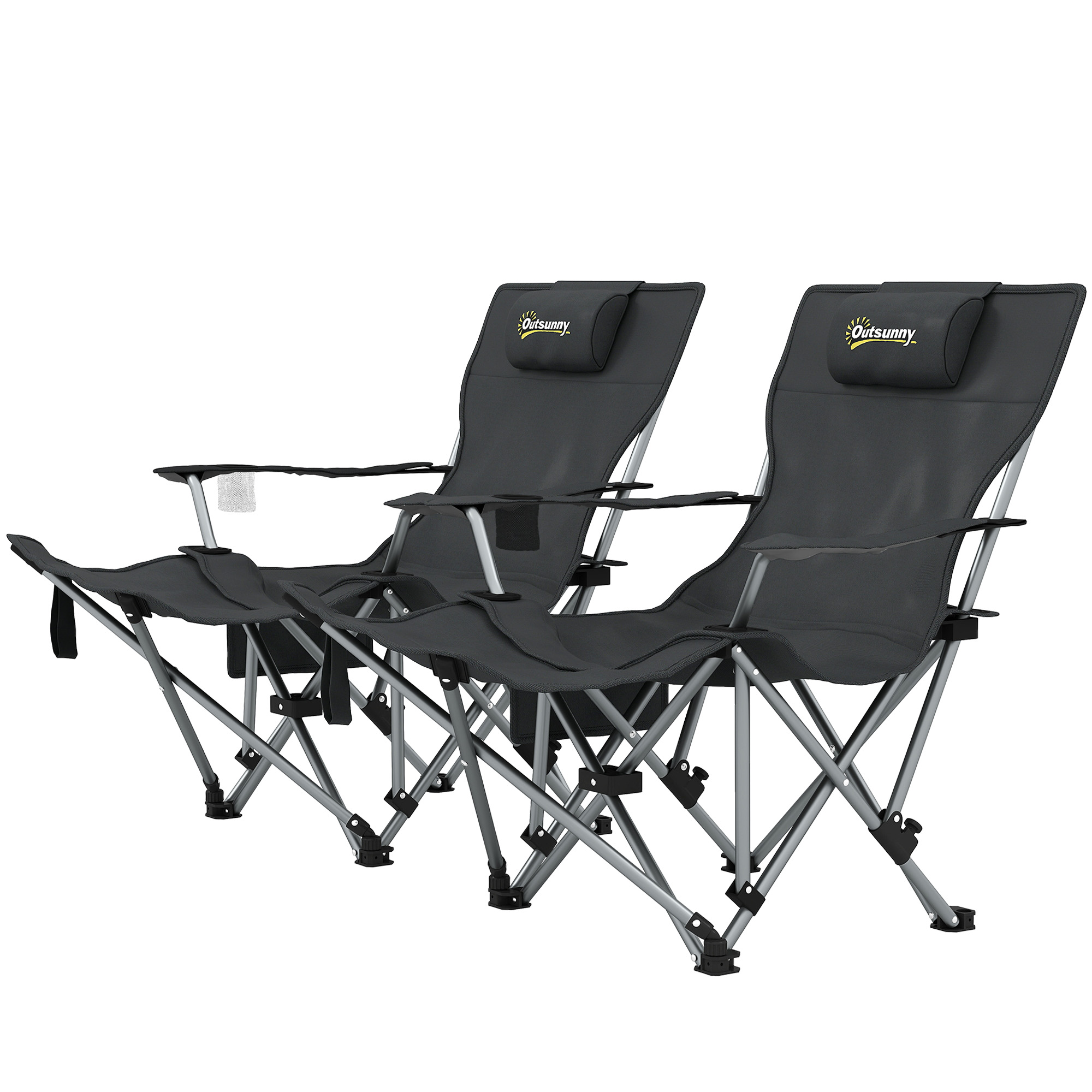 Outsunny Set van 2 Opvouwbare Campingstoelen Angelstoelen met Afneembare Voetsteun en Hoofdsteun, Becherhouder, Belastbaar tot 120 kg, Zwart