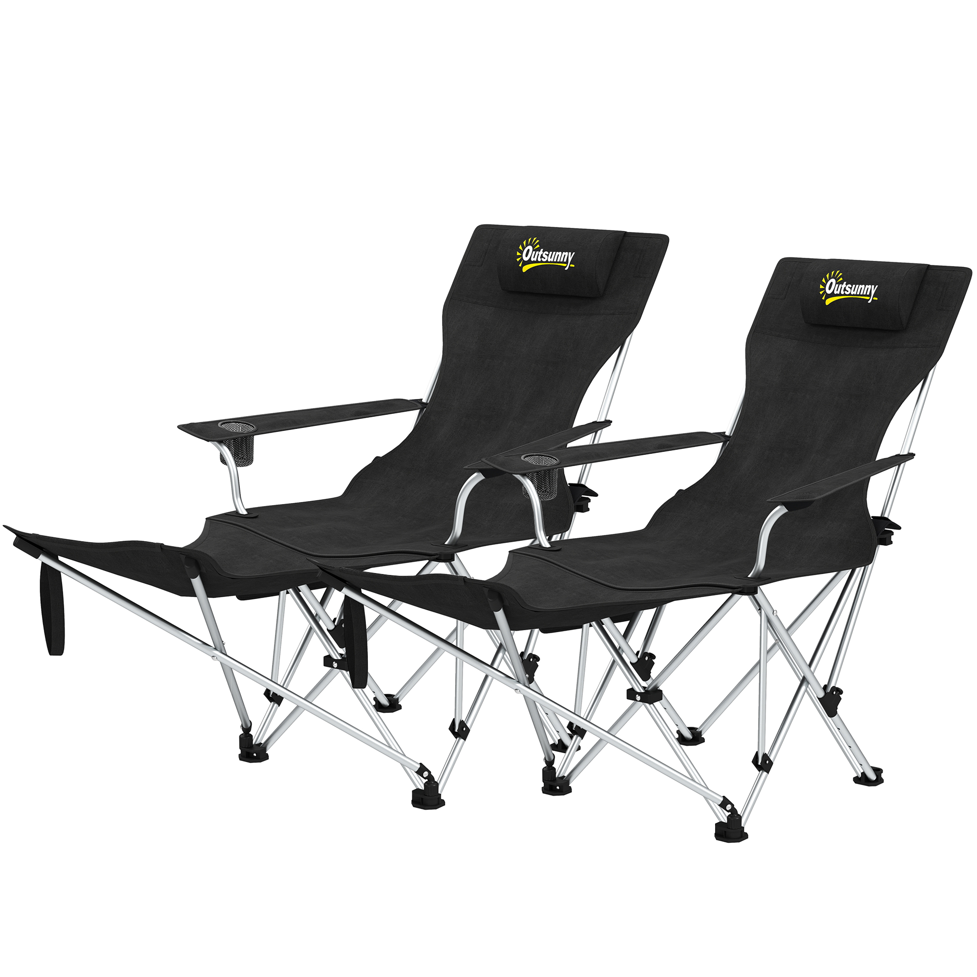 Outsunny Set van 2 Opvouwbare Campingstoelen met Afneembare Voetsteun en Bekerhouder, Belastbaar tot 120 kg - Zwart
