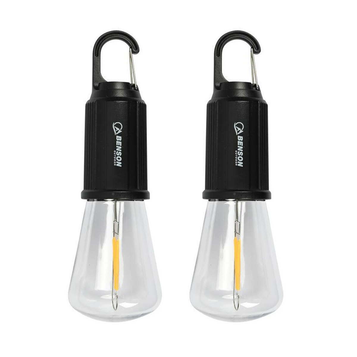 Benson Campinglamp - 2x - zwart - kunststof - 5.4 x 17.5 cm - lantaarn - oplaadbaar met karabijnhaak -
