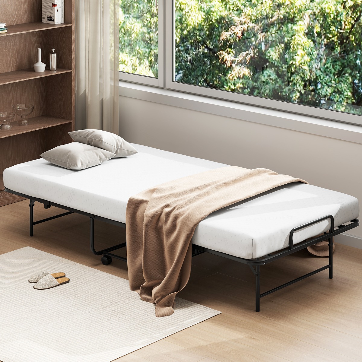 Costway Opklapbed met Matras Draagbaar Opvouwbaar Logeerbed met Stevig Metalen Frame Opklapbed met Vergrendelbare Wielen