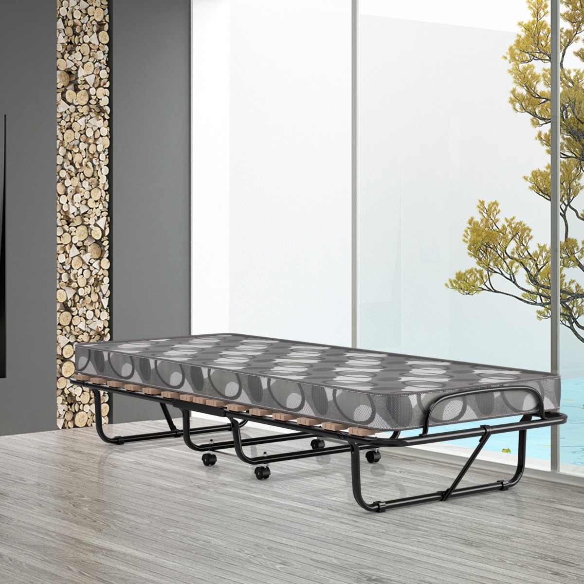 Costway 80 x 190 cm Logeerbed met Matras van Traagschuim Inklapbaar Eenpersoonsbed Stabiel Metalen Bed Gemaakt in Italië Grijs/Blauw/Beige