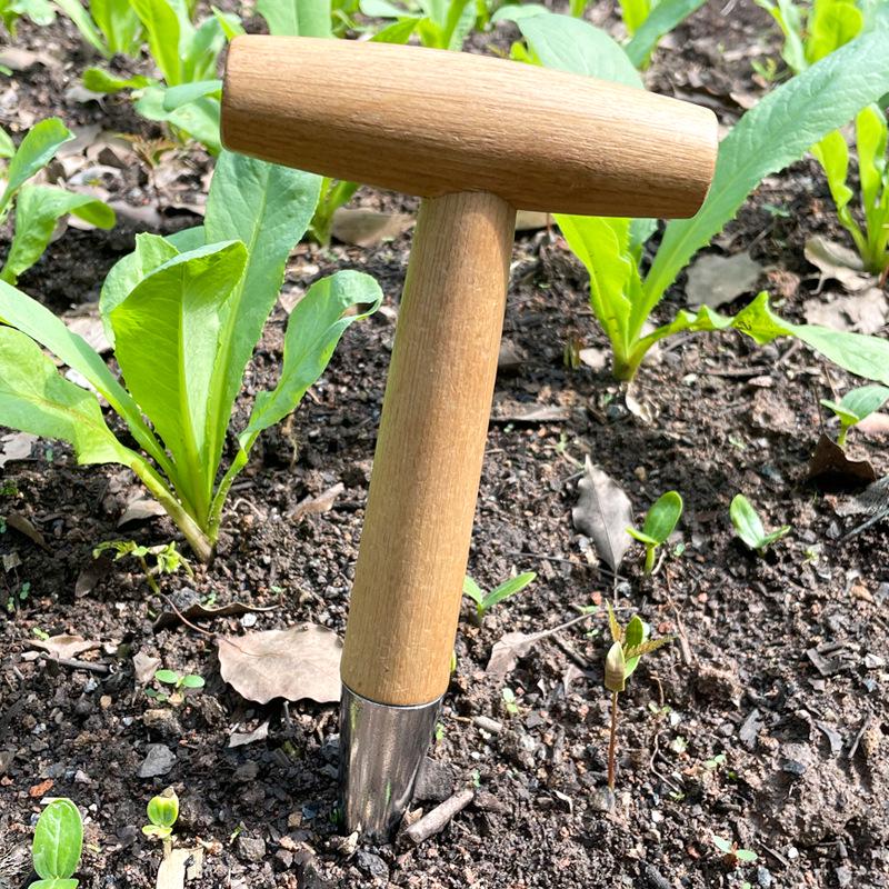StrideBox T-Shaped Gardening Hole Puncher - Wooden Handle Fertilization & Seed Transplant Tool Chrome-plated Wooden Handle Garden Puncher zilver