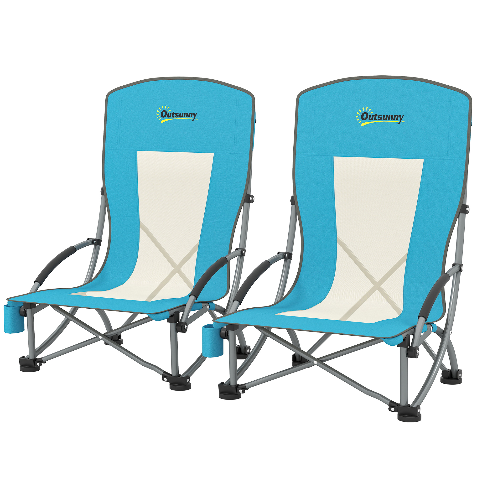 Outsunny 2-Delige Set Opvouwbare Campingstoelen met Drankhouder en Netstof Rugleuning tot 120 kg - Blauw