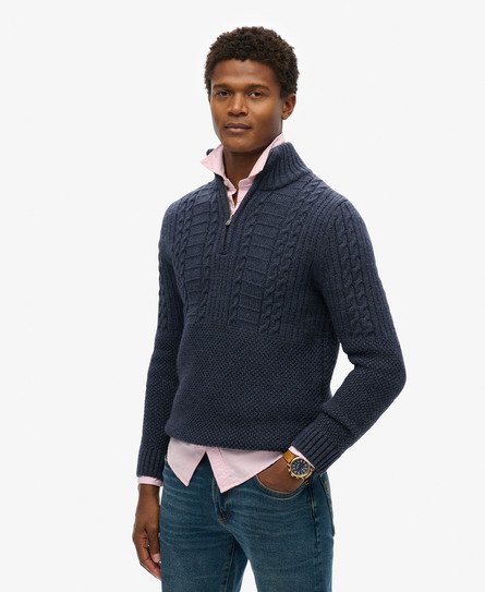 Superdry Mannen Vintage Jacob Kabeltrui met Halve Rits Blauw