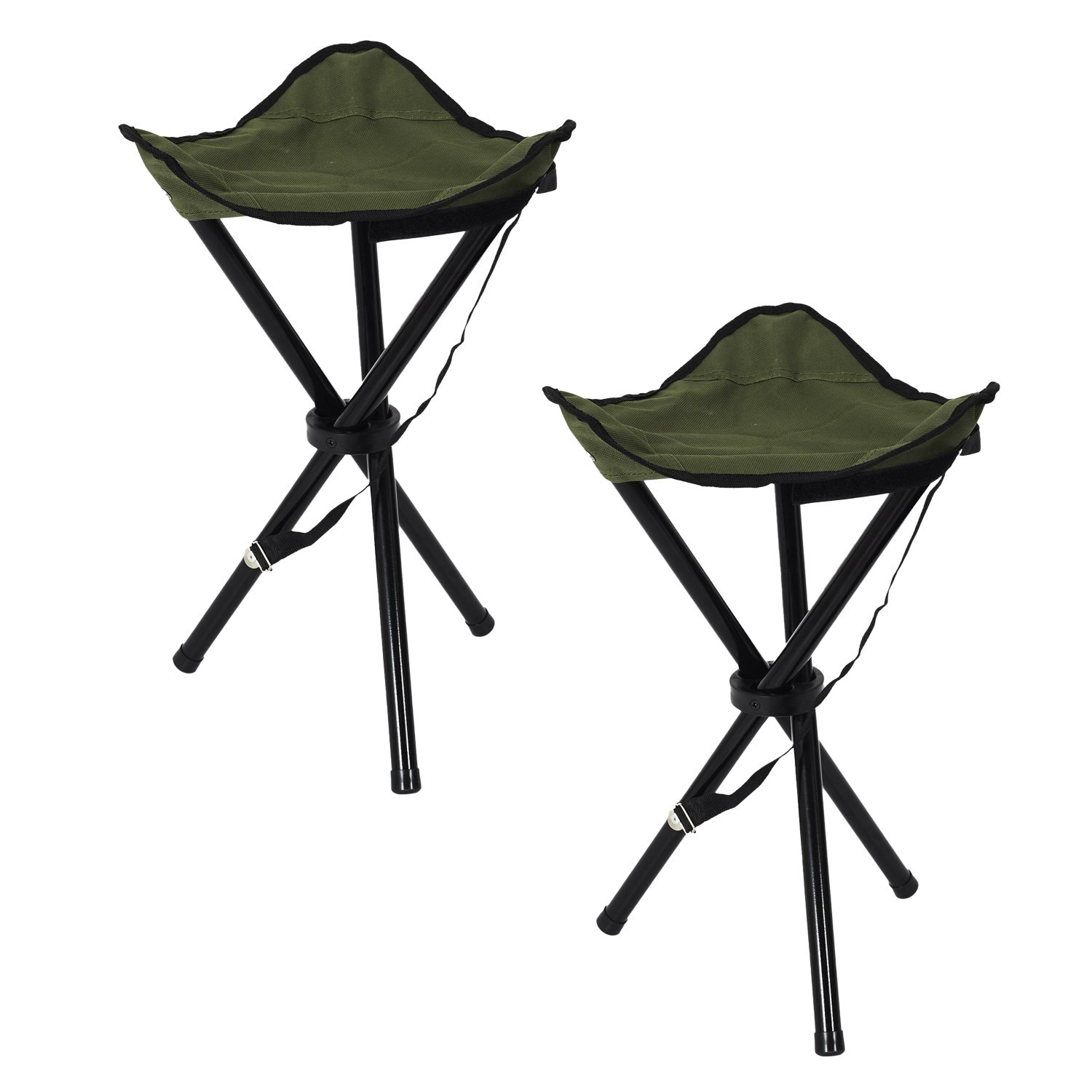 Home Deco Factory Driepoot opvouwbaar zit krukje - 2x - army groen - metaal - 31 x 45 cm - vissers krukje -