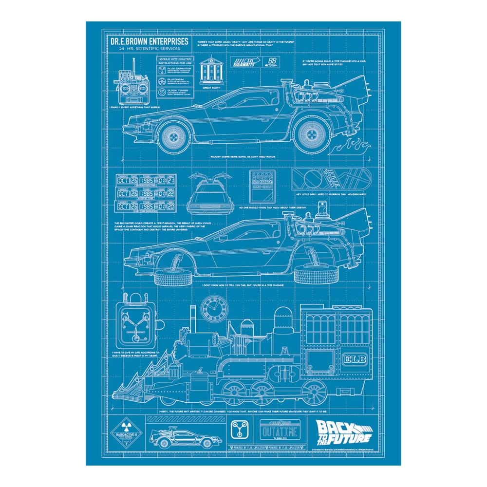 FaNaTtik Back To The Future Art Print Time Machine Blueprint Limited Edition 42 x 30 cm