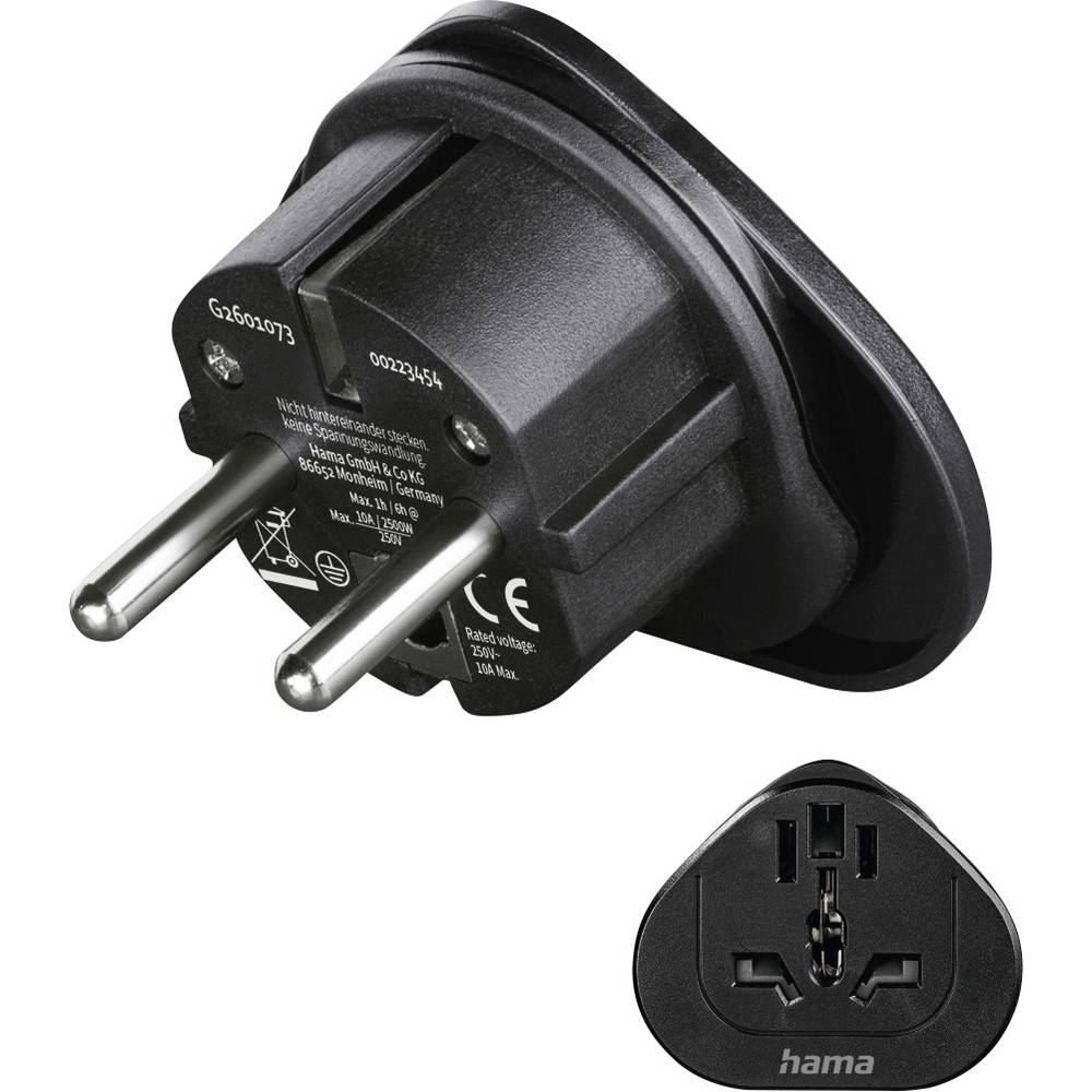 Hama 00223454 Reisstekker Reiseadapter Typ E und F, 3-polig, universal, Welt nach Europa, Schwarz