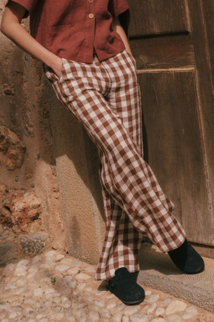 AmourLinen Damen vegan Hose Straight Barbora Mocha Gingham