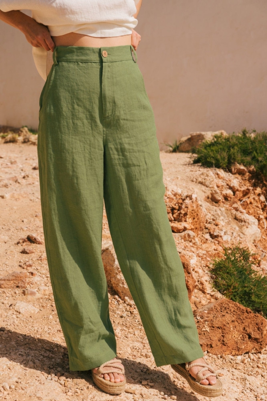 AmourLinen Damen vegan Hose Straight Barbora Matcha GrÃ¼n