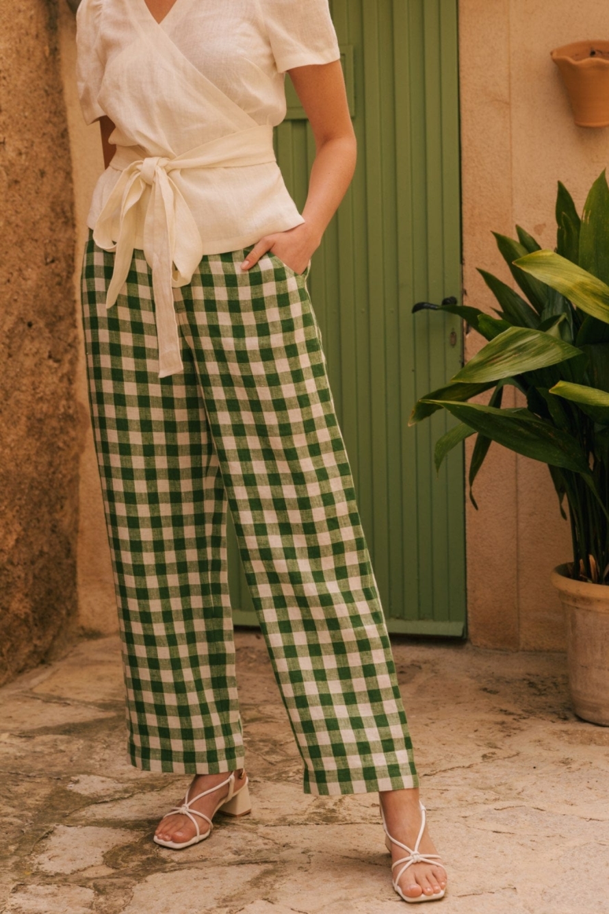 AmourLinen Damen vegan Hose Straight Barbora GrÃ¼n Gingham