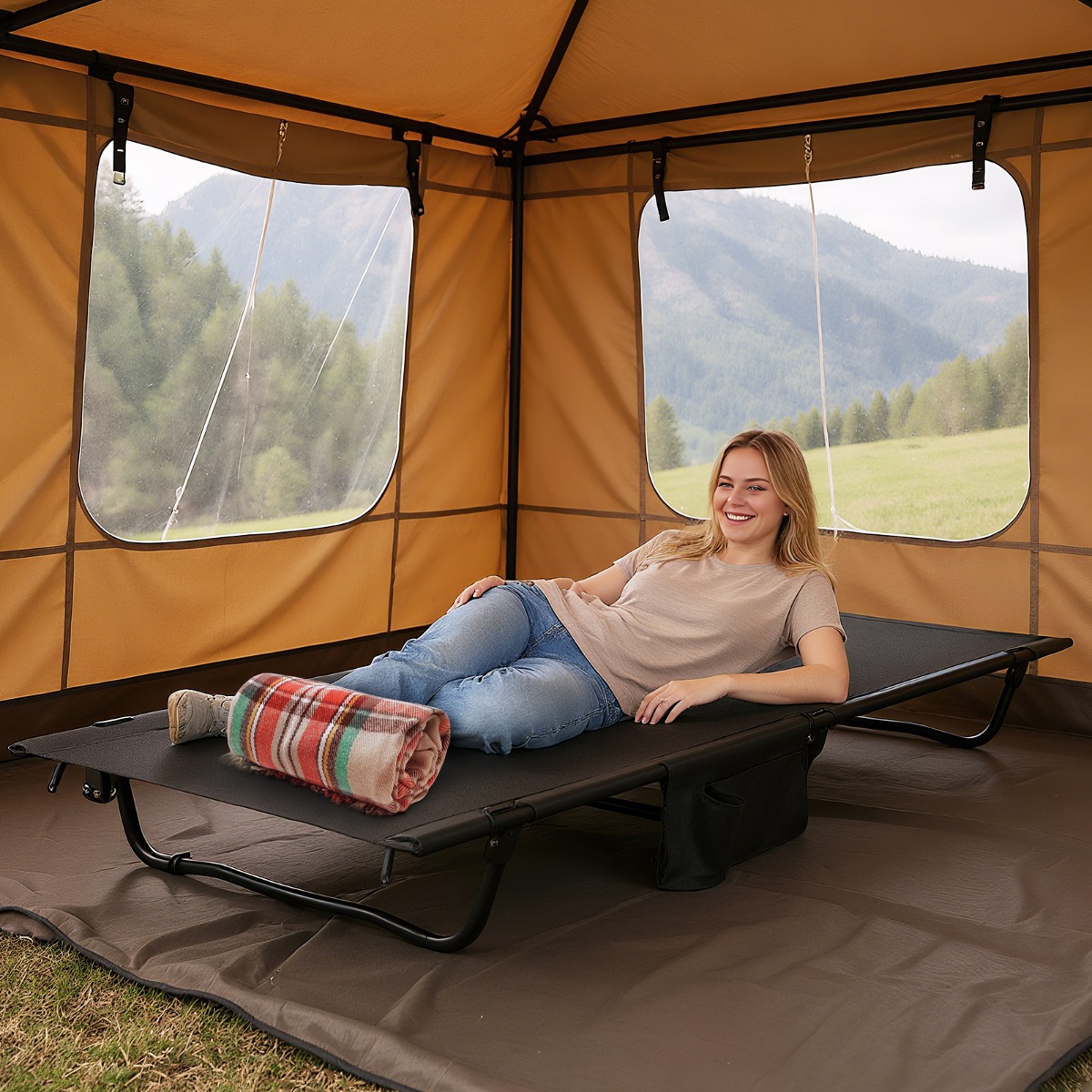 Costway Ultralicht Veldbed Campingbed met Zijzak Draagbaar Opklapbed 150 kg Draagvermogen Zwart