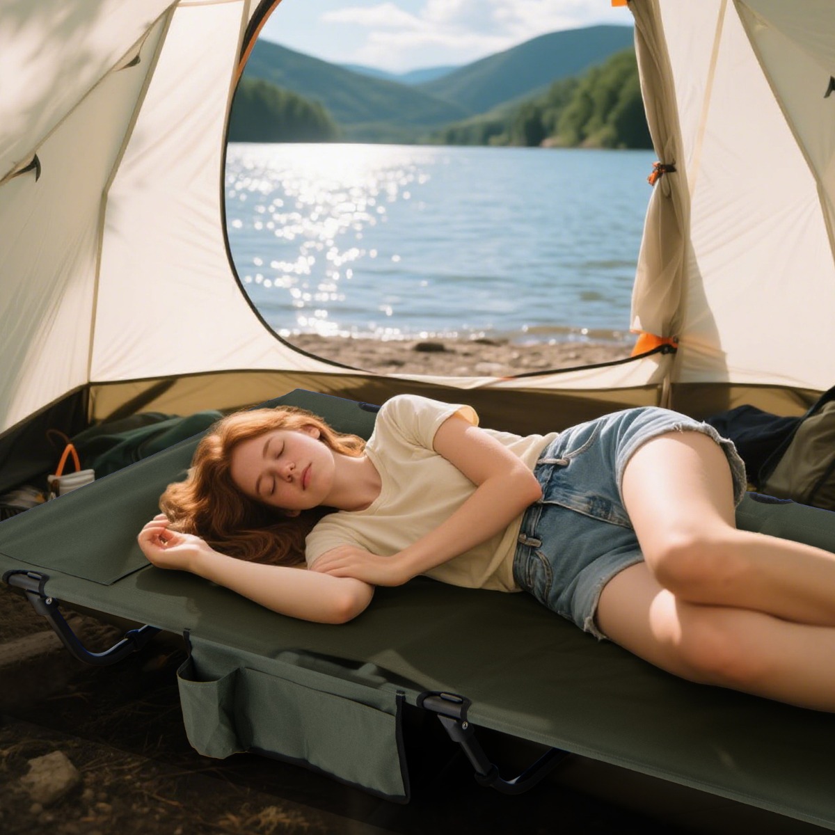 Costway Ultraleichte Veldbed Campingbed met Zijzak Draagbaar Opklapbed 150 kg Draagvermogen Groen