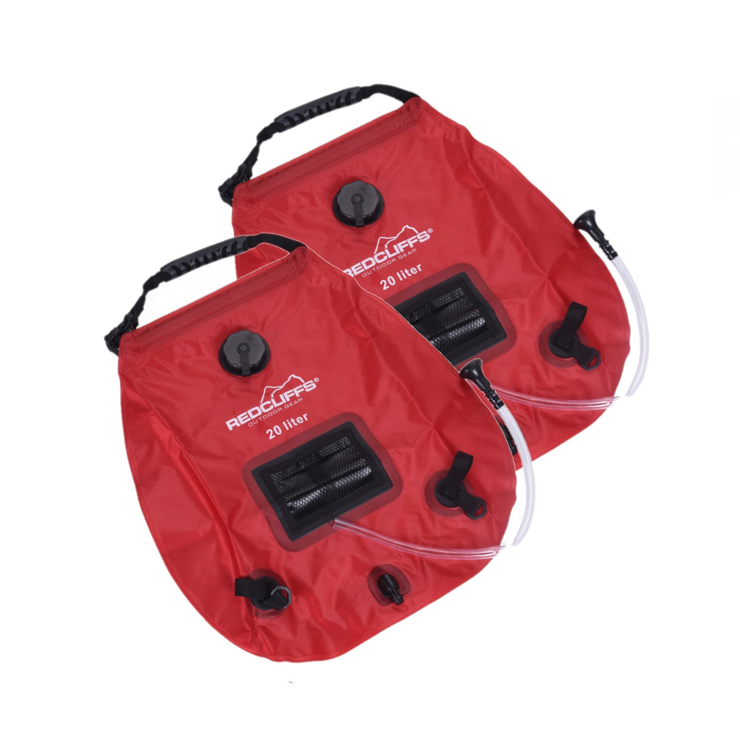 Merkloos 2x stuks mobiele camping douche waterzakken 20 liter rood -