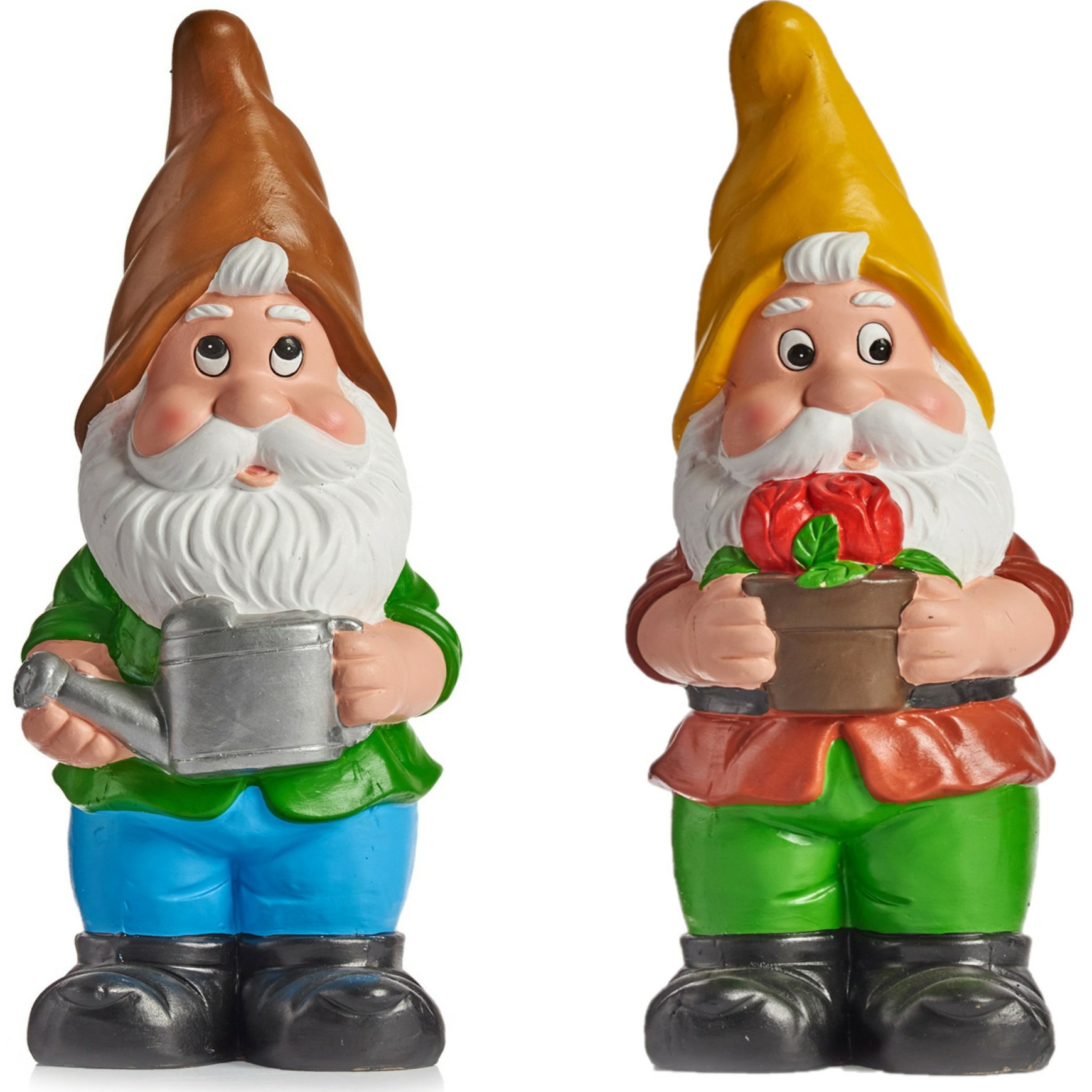 IBERGARDEN Tuinkabouter beeldjes set van 2x - Keramiek - 24.5 cm - geel/bruin -