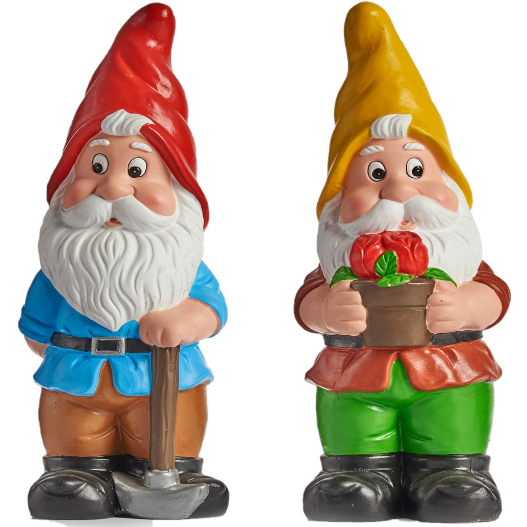 IBERGARDEN Tuinkabouter beeldjes set van 2x - Keramiek - 24.5 cm - geel/rood -