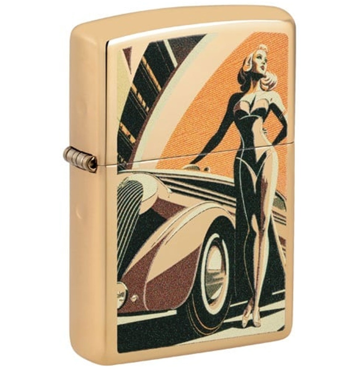 Fiftiesstore Zippo Aansteker Vintage Auto En Vrouw - Goud