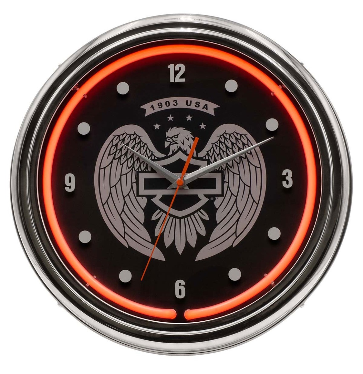 Fiftiesstore Harley-Davidson Neon Klok - Bar & Shield Eagle - Gunmetal & Rode Neon 220V