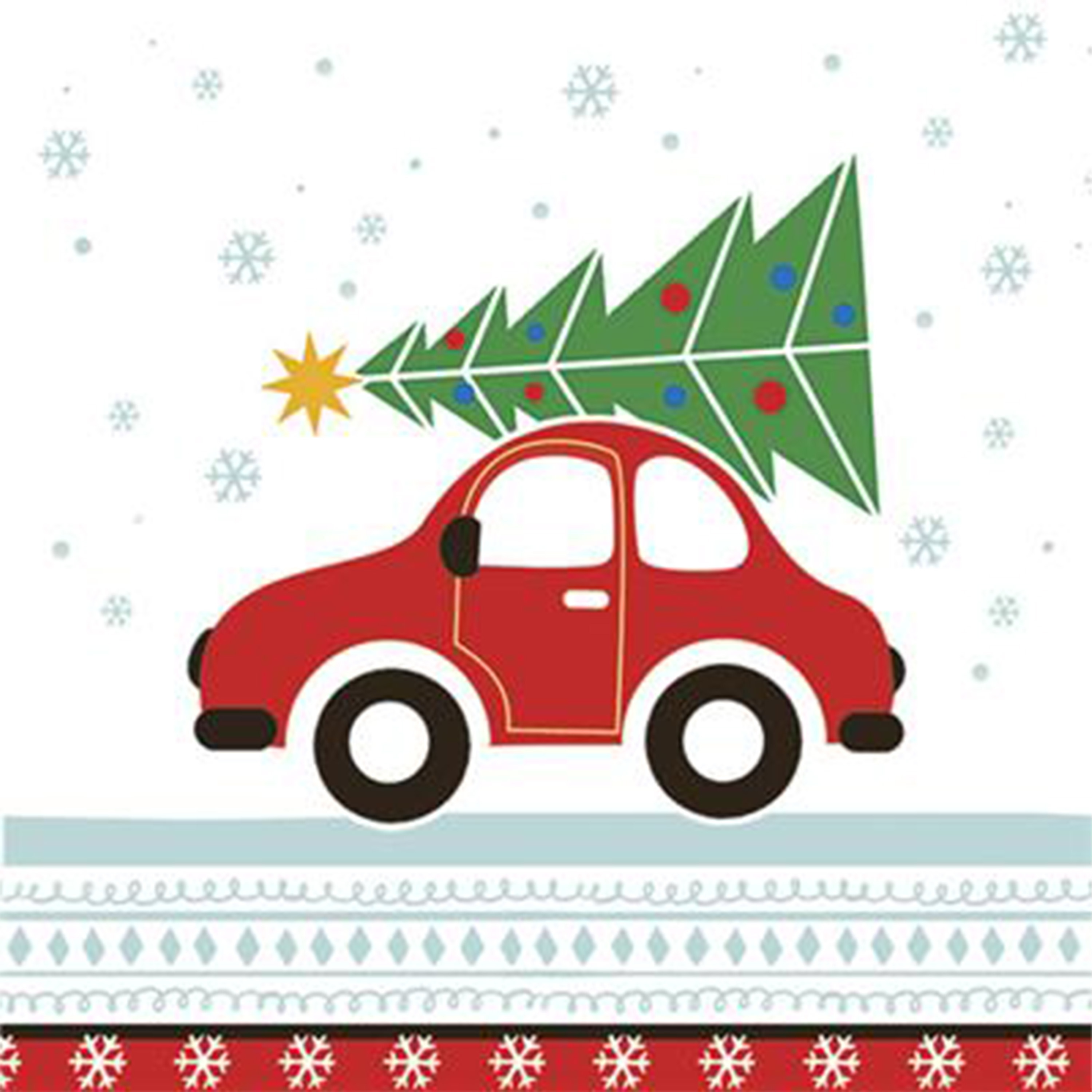 Daisy kerst thema servetten - 20x st - 33 x 33 cm - auto met kerstboom - papier -