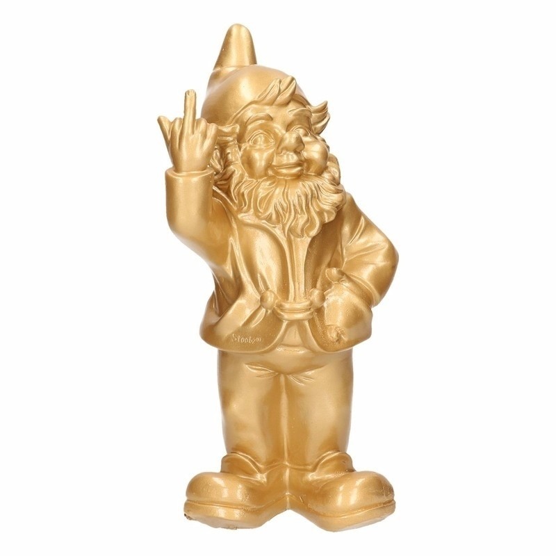 Stoobz design tuinkabouter - opgestoken middelvinger - goud - 20 cm - fuck you - beeldje - buiten -