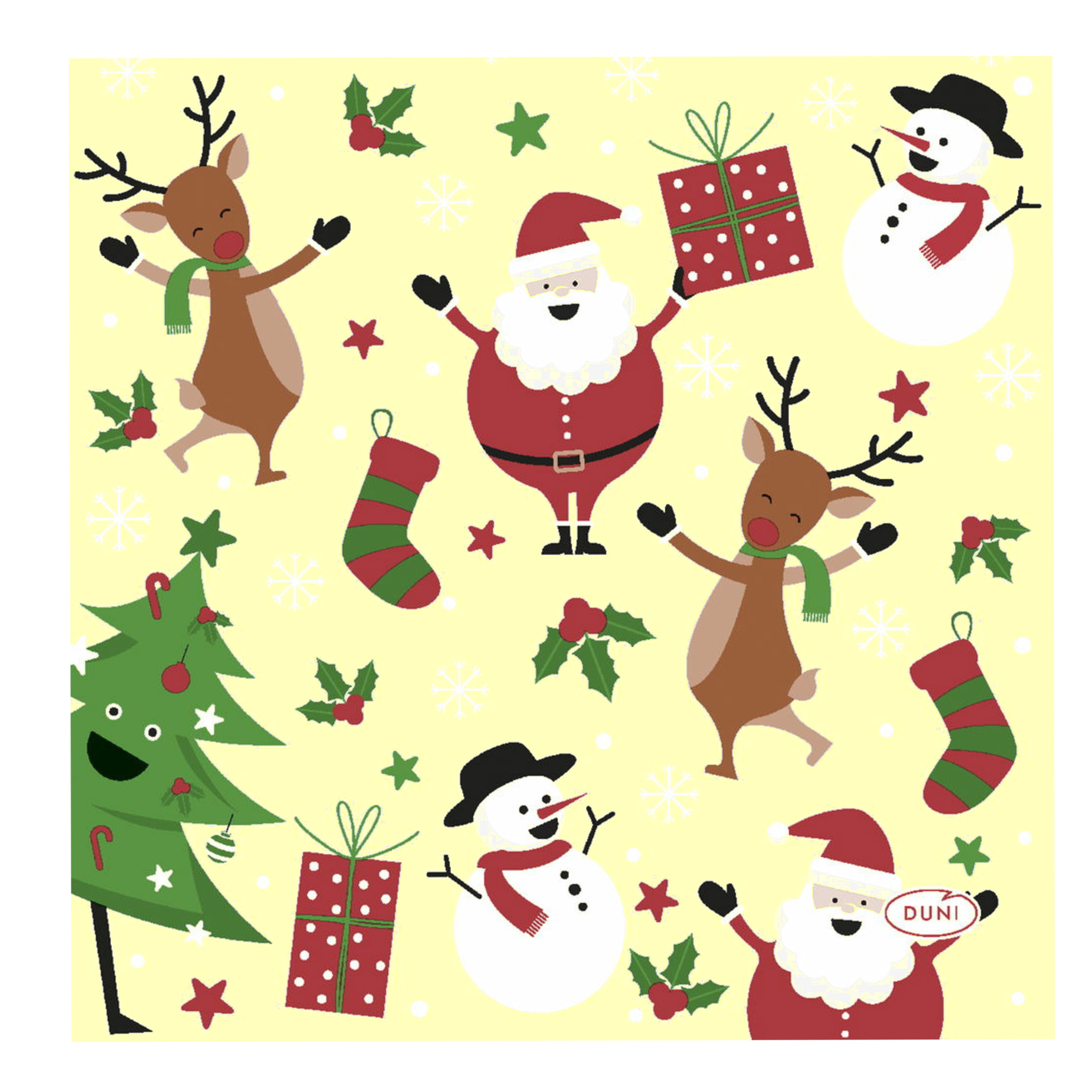 Duni Kerstservetten - 20x - geel - gedecoreerd - kerstfiguurtjes - 24 x 24 cm - 3 laags -