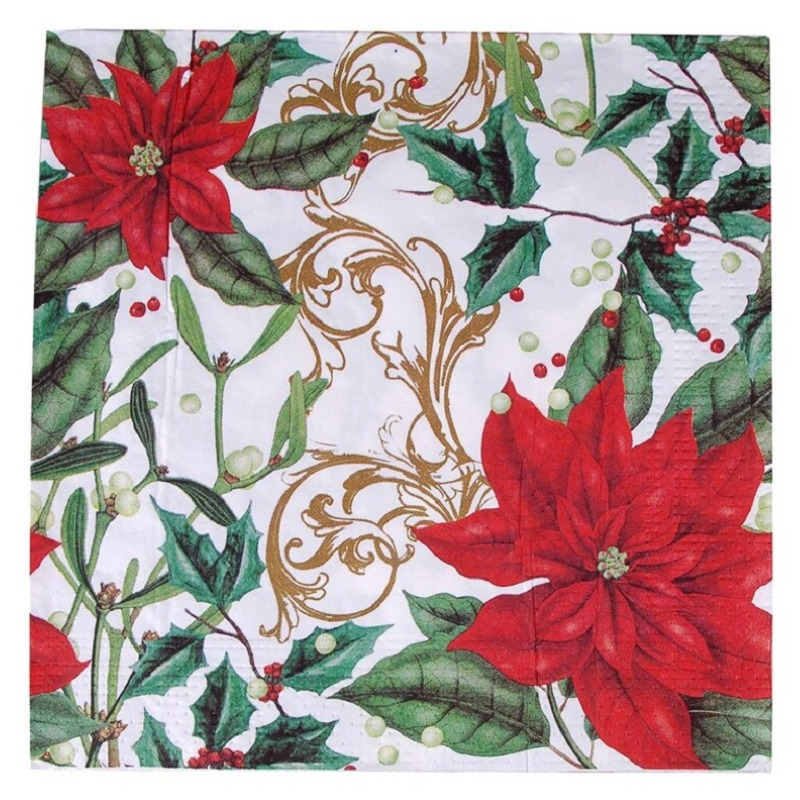 Gerimport Kerstservetten - 20x - kerstbloemen - rood/groen - 33 x 33 cm - 3 laags -