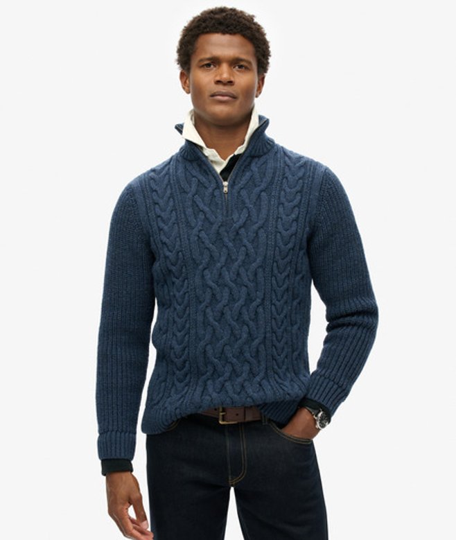 Superdry Gebreide Jacob Kabeltrui met Halve Rits Blauw