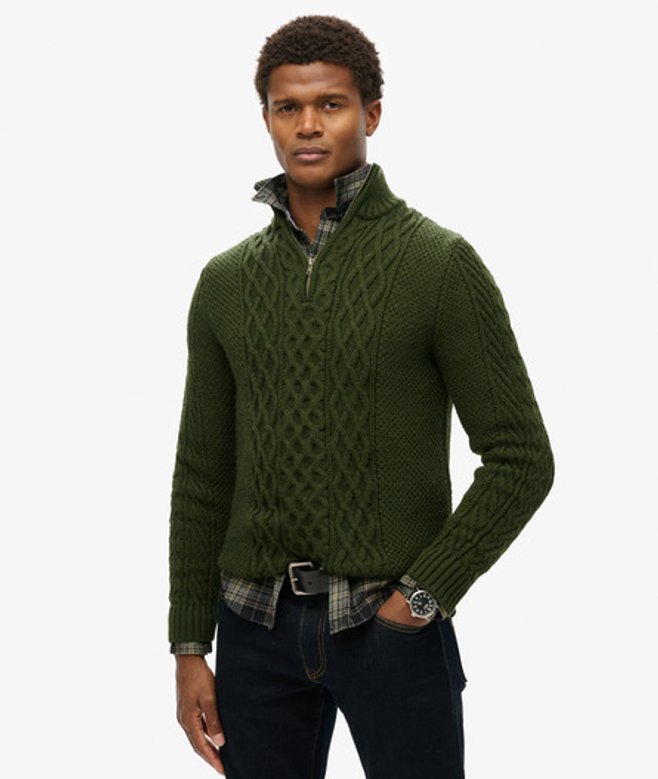 Superdry Gebreide Jacob Kabeltrui met Halve Rits Groen