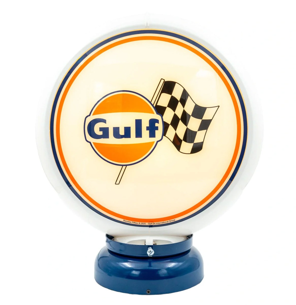 Fiftiesstore Gulf Racing PVC Benzinepomp Bol met Lampvoet - Wit/Blauw