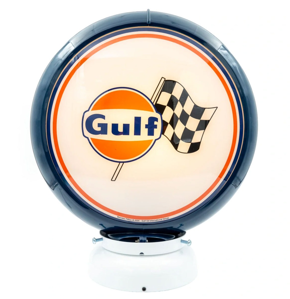 Fiftiesstore Gulf Racing PVC Benzinepomp Bol met Lampvoet - Blauw/Wit