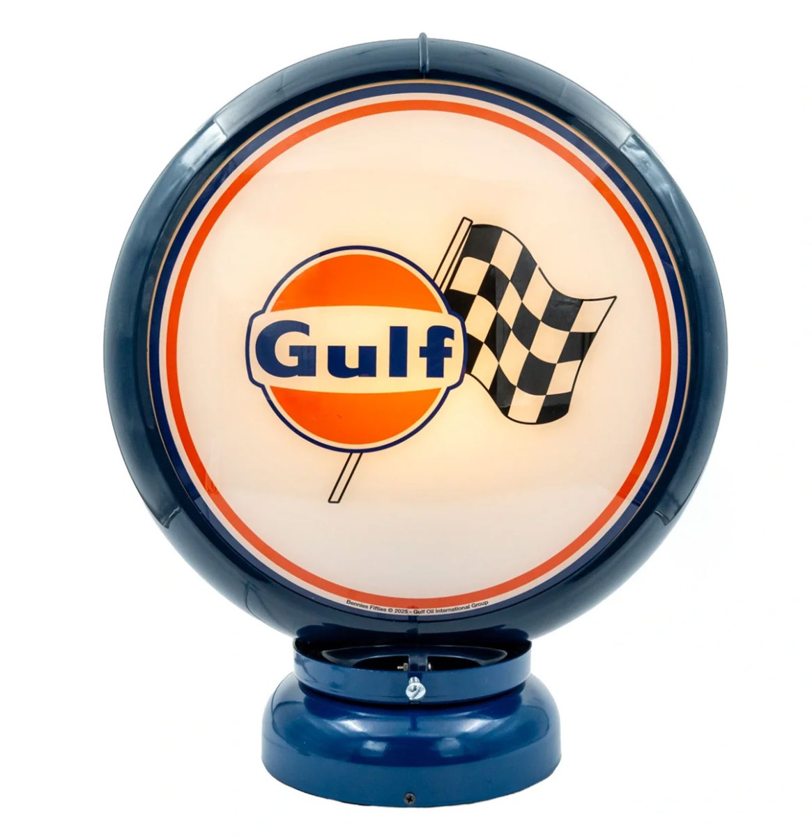 Fiftiesstore Gulf Racing PVC Benzinepomp Bol met Lampvoet - Blauw/Blauw