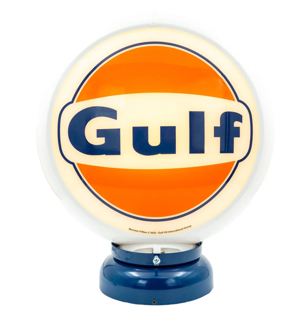 Fiftiesstore Gulf Logo PVC Benzinepomp Bol met Lampvoet - Wit/Blauw