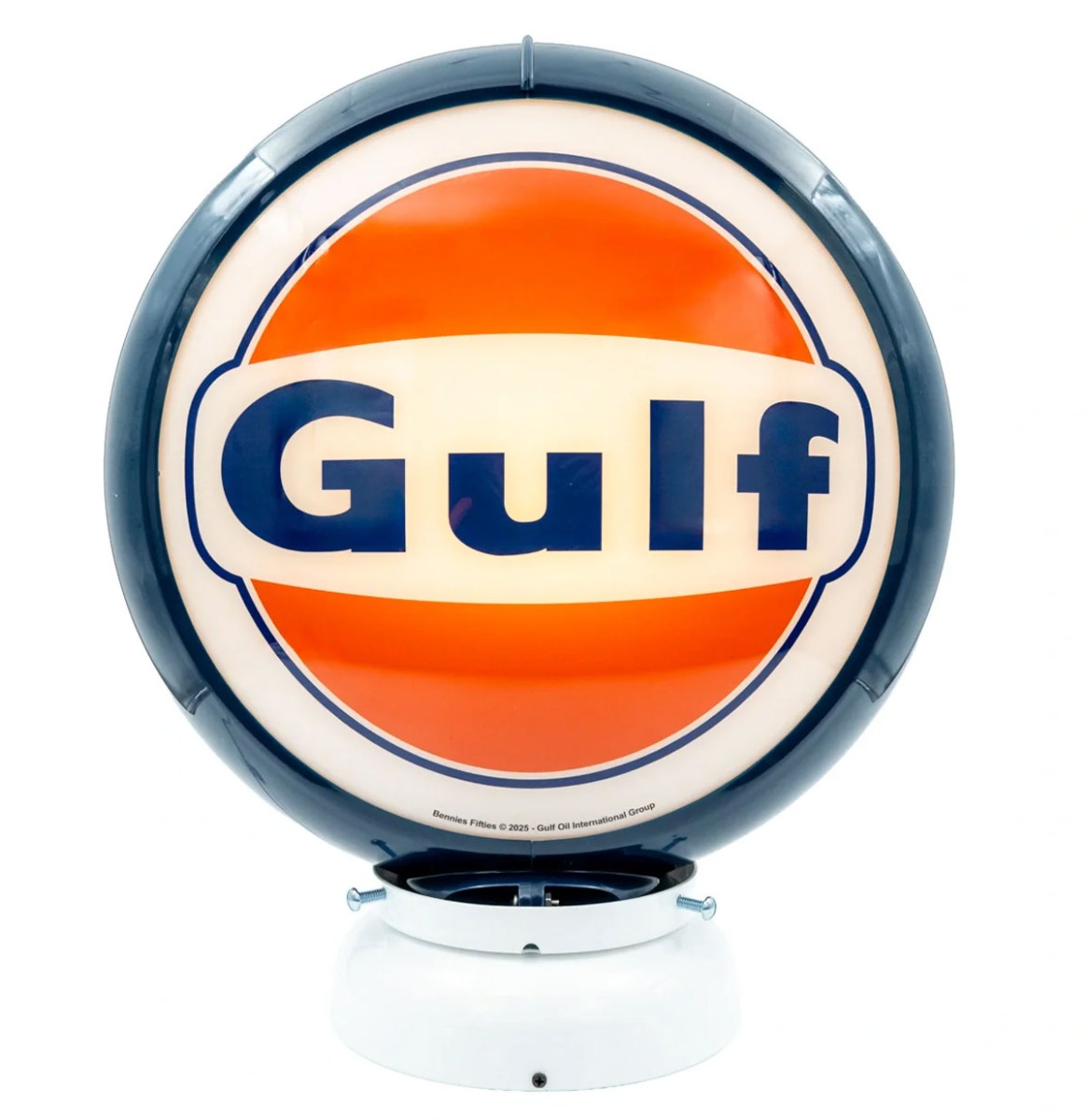 Fiftiesstore Gulf Logo PVC Benzinepomp Bol met Lampvoet - Blauw/Wit