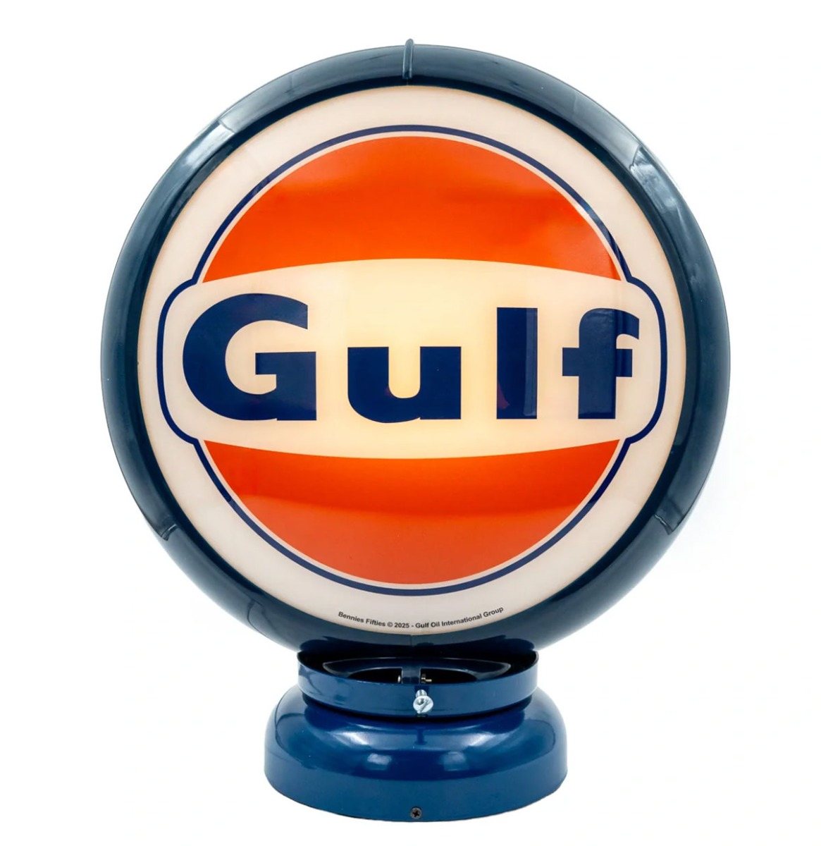 Fiftiesstore Gulf Logo PVC Benzinepomp Bol met Lampvoet - Blauw/Blauw