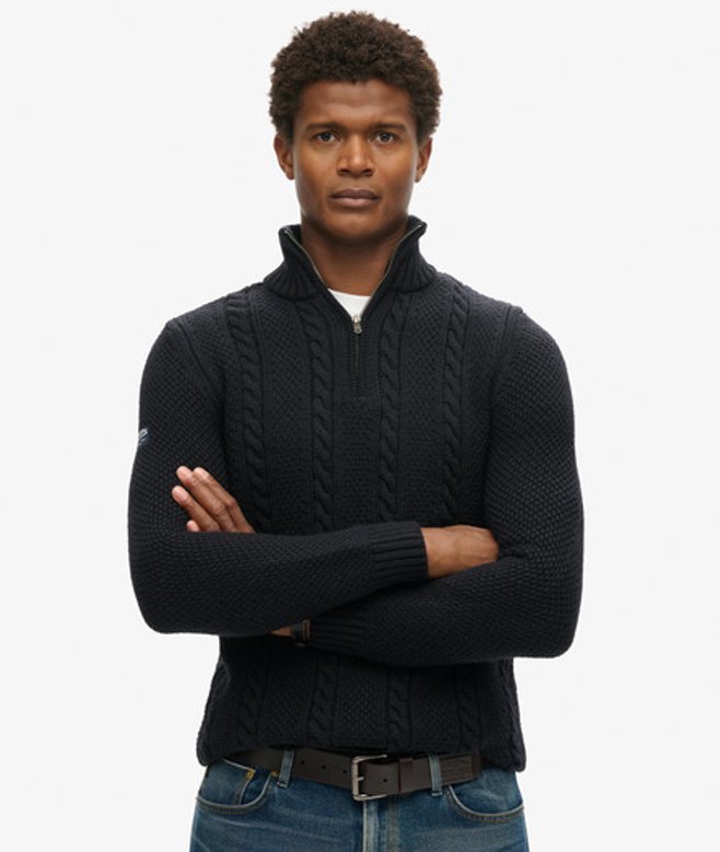 Superdry Vintage Jacob Kabeltrui met Halve Rits Blauw