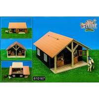Van Manen Kids Globe 610167 - Farming Pferdestall Holz, Maßstab 1:24 - mit 2 Boxen, Werkstatt, Dach und Türen beweglich schwarz