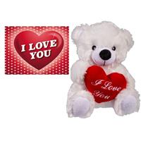 Valentijn - Valentijnsdag cadeau wit beertje met hartje en valentijnskaart Wit