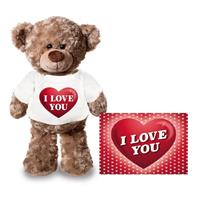 Valentijn - Valentijnskaart en knuffelbeer 24 cm met I love you hartje shirt Bruin