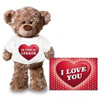 Valentijn - Valentijnskaart en knuffelbeer 24 cm met ik vind je lekker shirt Bruin