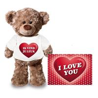 Valentijn - Valentijnskaart en knuffelbeer 24 cm met ik vind je leuk shirt Bruin