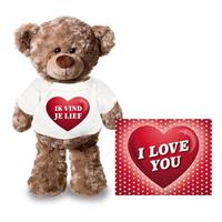 Valentijn - Valentijnskaart en knuffelbeer 24 cm met ik vind je lief shirt Bruin