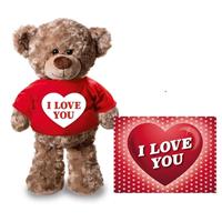 Valentijn - Valentijnskaart en knuffelbeer 24 cm met I love you rood shirt Bruin