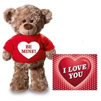 Valentijn - Valentijnskaart en knuffelbeer 24 cm Be mine rood shirt Bruin