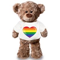 Knuffel teddybeer met Gaypride vlag hart t-shirt 24 cm Bruin