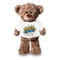 Bellatio Super nurse/ zuster pluche teddybeer knuffel 24 cm wit t-shirt Multi