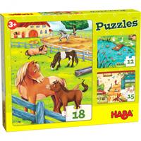 HABA 305237 - Puzzles Bauernhoftiere, 3 Puzzles mit 12, 15 undund unterschiedlichen Tiermotiven