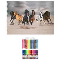 Bellatio Schetsboek Paarden Liefhebbers A4 50 Paginas Met 50 Viltstiften - Tekenboeken Cadeau Voor Kinderen/meisjes